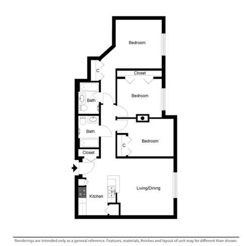 a floor plan of a unit with a bedroom and a living room