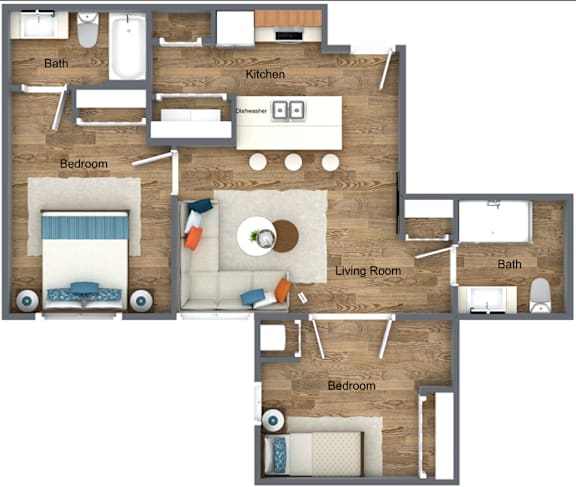 A floor plan of a house with a living room, kitchen, and two bedrooms.