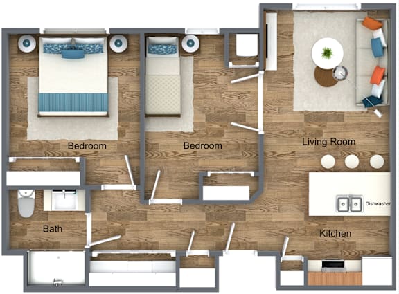 A floor plan of a house showing a living room, kitchen, two bedrooms, a bathroom, and a dishwasher.