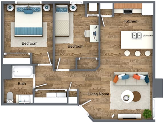 A floor plan of a house with a living room, two bedrooms, a kitchen, and a bathroom.