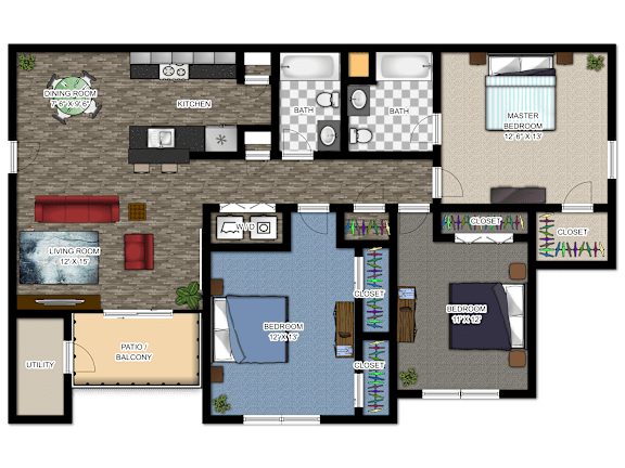 A floor plan of a house with a dining room, kitchen, living room, and multiple bedrooms.