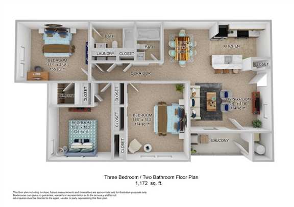 A 1,172 square foot floor plan for a three bedroom / two bathroom home.