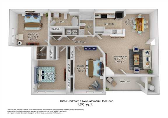 A diagram of a three bedroom/two bathroom floor plan.
