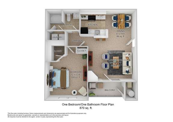 A floor plan of a one bedroom/one bathroom apartment.