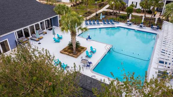 an aerial view of a resort style pool with lounge chairs and palm trees at Dwell at Greenridge, North Charleston, SC, 29406