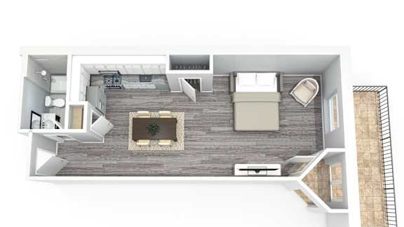 A top-down view of a modern living room with a grey stone wall and a central fireplace.
