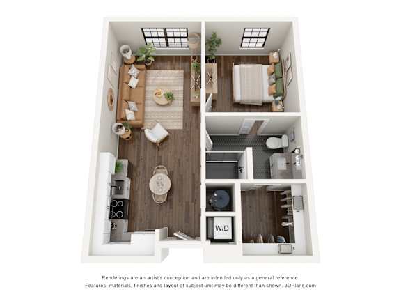 A 3D floor plan of a small apartment with a kitchen, living room, and bathroom.