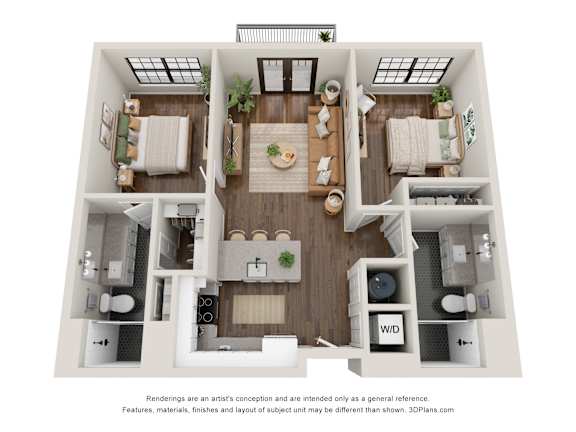 Floor Plan  A 3D floor plan of a house with a kitchen, living room, dining room, and bathrooms.