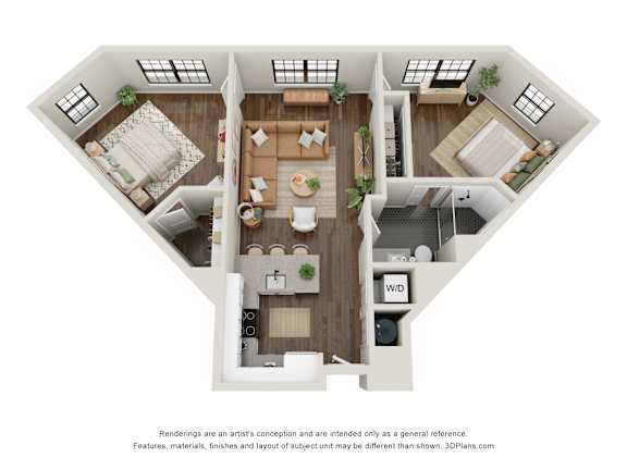 Floor Plan  A 3D floor plan of a house with a living room, dining room, kitchen, and two bedrooms.