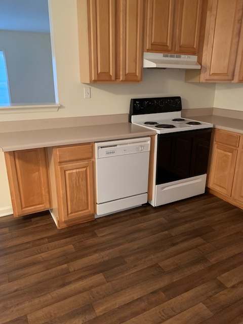 A kitchen with wooden cabinets and a microwave above the stove.