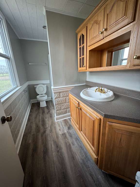 A modern kitchen with wooden cabinets and a skylight.