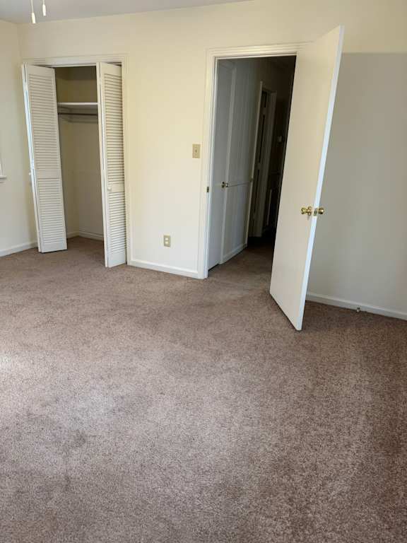 A room with carpeted floor and two open doors.
