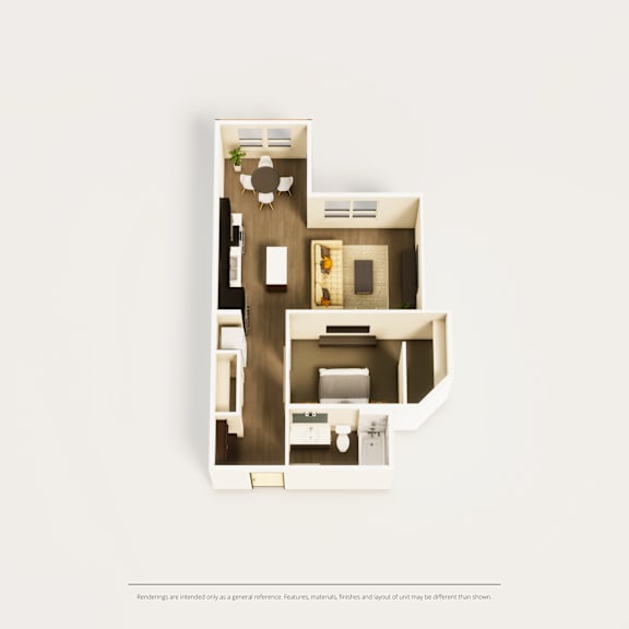 A diagram of a house with a kitchen, living room, and bathroom.