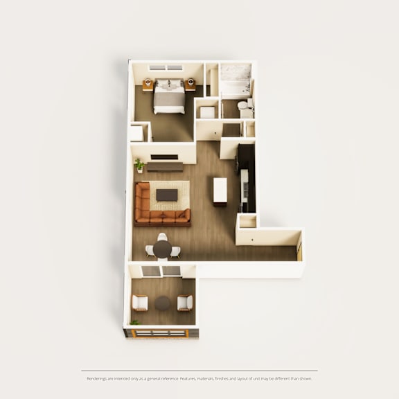 A floor plan of a small apartment with a living room, kitchen, and bedroom.