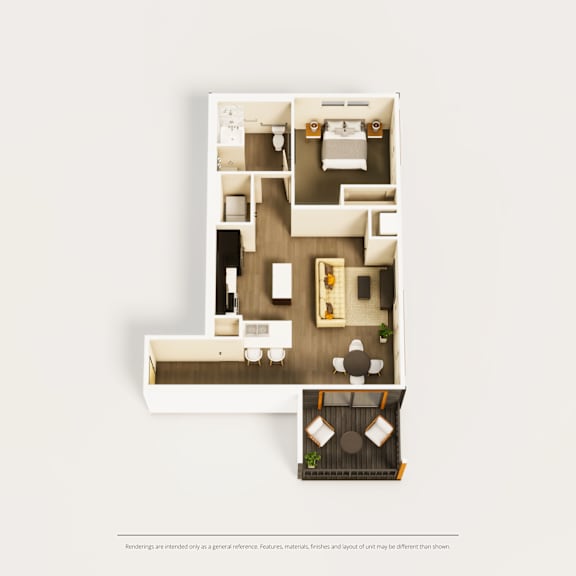 A floor plan of a house with a kitchen, living room, dining room, and two bedrooms.