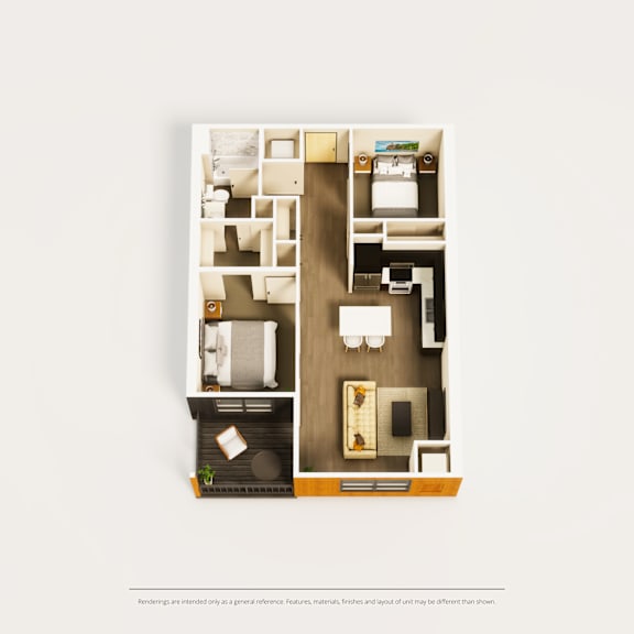 A floor plan of a small apartment with a kitchen, living room, and two bedrooms.