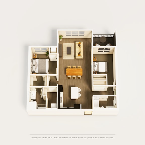 A floor plan of a small apartment with a kitchen, living room, and two bedrooms.