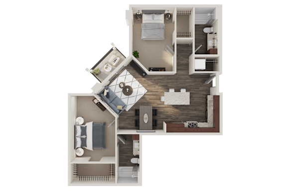 A top-down view of a house layout with a living room, kitchen, and two bedrooms.