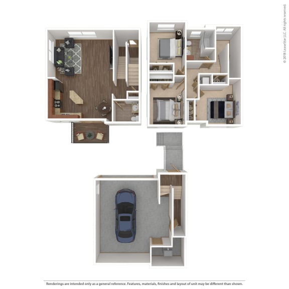 a stylized floor plan of a 3 bedroom apartment at Boulder Ridge, Minnesota, 55811