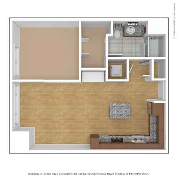 a 1 bedroom floor plan with a bathroom and a living room at Bluestone Flats, Duluth, MN