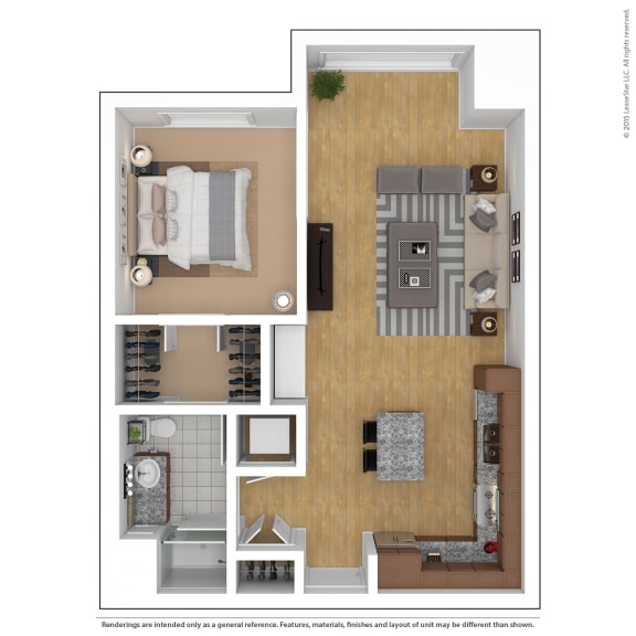 a stylized floor plan with a bedroom and a living room at Bluestone Flats, Duluth