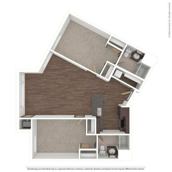 a stylized floor plan with a bedroom and a living room  at Bluestone Lofts, Duluth, MN, 55803