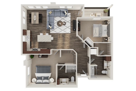 A 3D rendered image of a house layout.