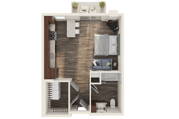 A 3D rendered image of a small apartment layout.