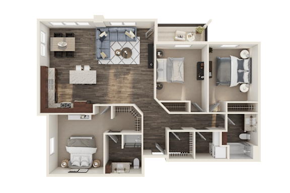 A 3D floor plan of a small apartment with a kitchen, living room, and bedrooms.