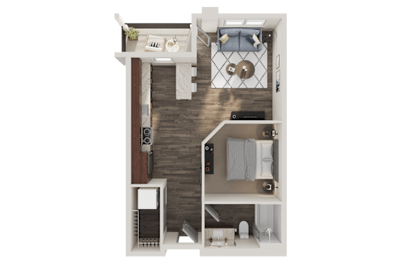 A top-down view of a small apartment with a kitchen, living room, and bathroom.