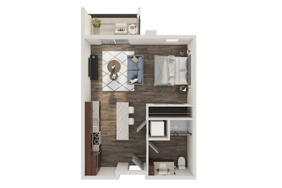 A top-down view of a small apartment with a bedroom, living room, and kitchen area.