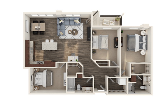 A 3D rendered image of a house layout.
