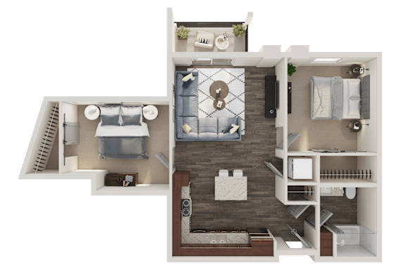 A 3D floor plan of a small apartment with a kitchen, living room, and bedroom.
