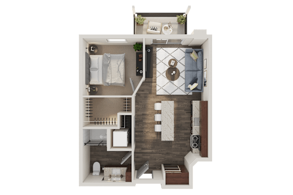 A 3D floor plan of a small apartment with a kitchen, living room, and bathroom.