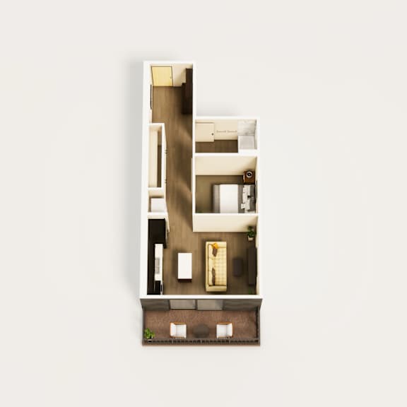 A cutaway view of a modern apartment with a kitchen, living room, and bedroom.