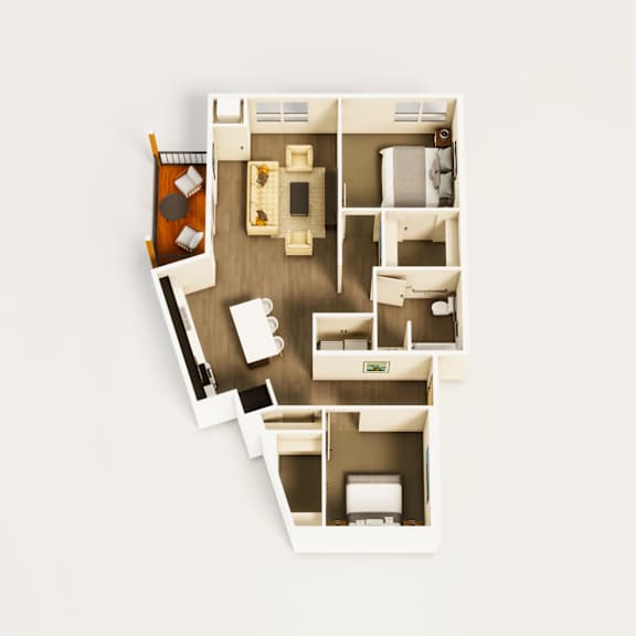 A floor plan of a small apartment with a kitchen, living room, and two bedrooms.