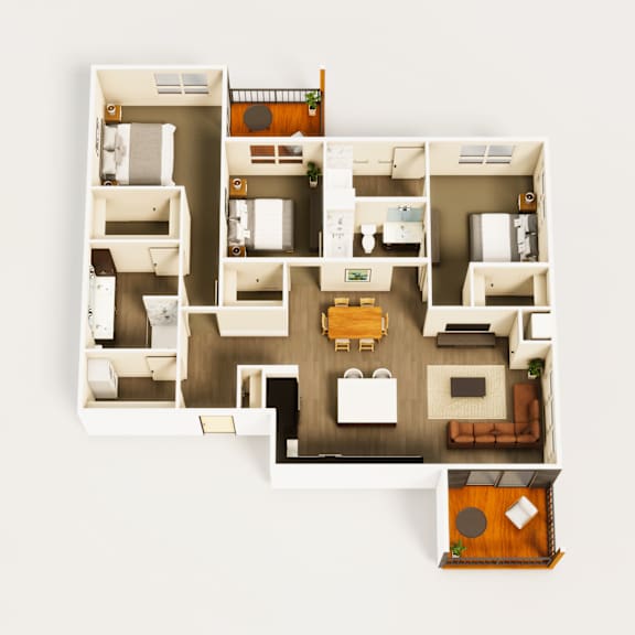 A top-down view of a small apartment layout with a kitchen, living room, and bedroom.