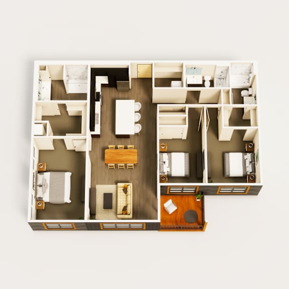 A top-down view of a small apartment with a kitchen, living room, and bedrooms.