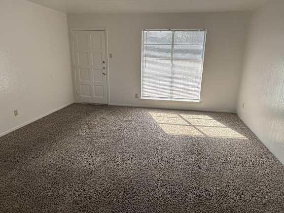 A room with a carpeted floor, a door, and a window with blinds.