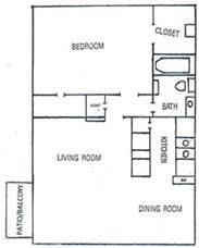 A floor plan of a small apartment with a bedroom, living room, and dining room.