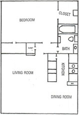 A floor plan of a small apartment with a bedroom, living room, and dining room.