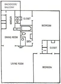 A black and white image of a floor plan for a house with a back door/balcony, kitchen, dining room, living room, and two bedrooms.