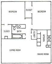 A floor plan of a house with a living room, dining room, kitchen, and two bedrooms.