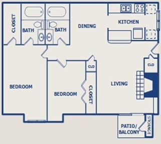 A floor plan of a house with two bedrooms, a living room, a kitchen, a dining room, two bathrooms, a closet, and a patio/balcony.