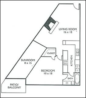A drawing of a house layout with a living room, sunroom, bedroom, and kitchen.