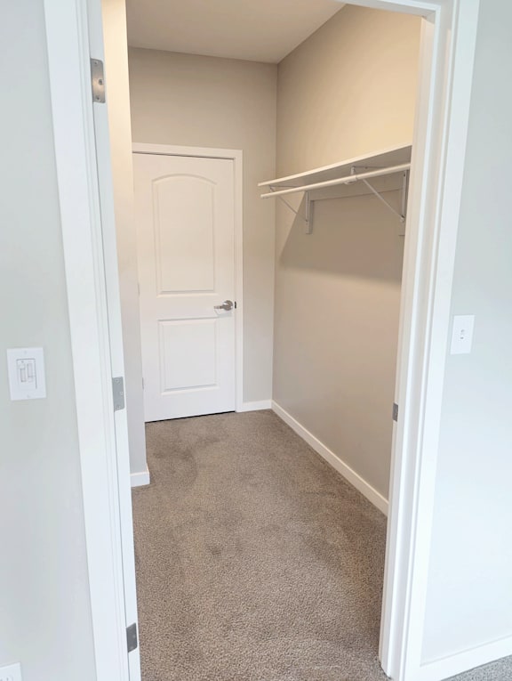 A white door is in a white hallway with a carpeted floor.