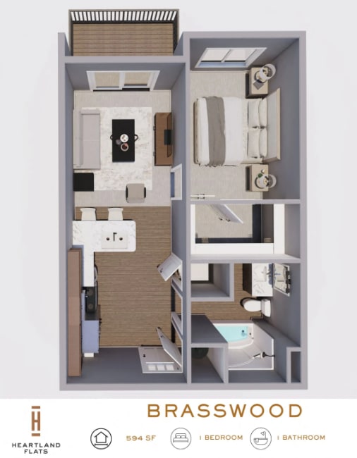 Top down floorplan view of the Brasswood layout showing the kitchen, living area, bedroom, bathroom and laundry at Heartland Flats North Platte.