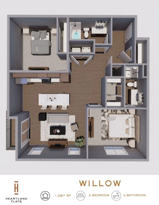Top down floorplan view of the Willow layout showing the kitchen, living area, bedrooms, bathrooms and laundry at Heartland Flats North Platte.