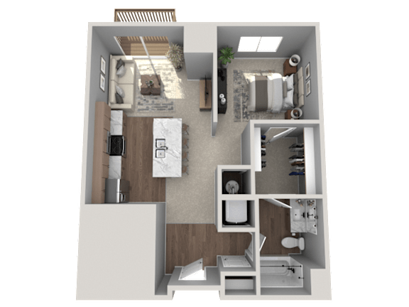 A 3D floor plan of a small apartment with a kitchen, living room, and bathroom.