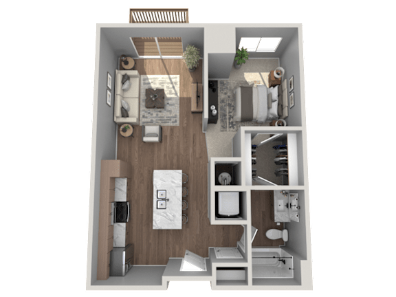 A 3D floor plan of a small apartment with a kitchen, living room, and bathroom.